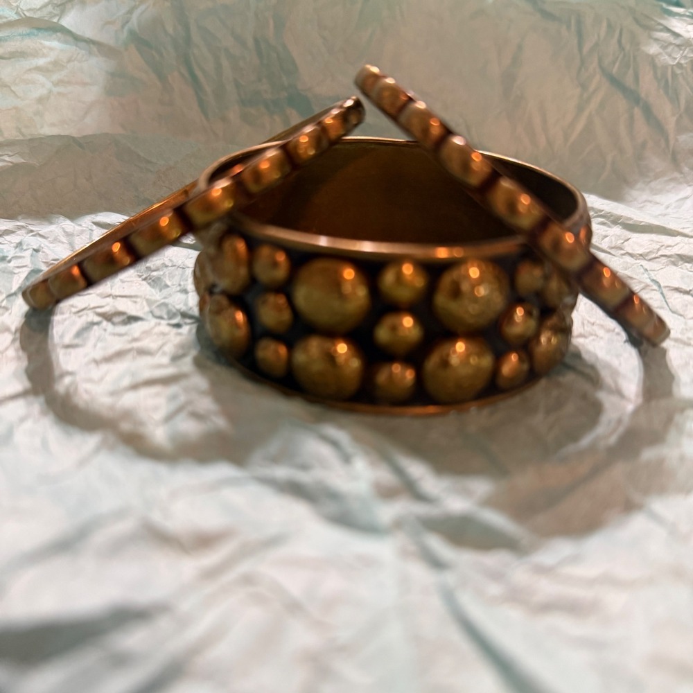 Vintage Studded Brass Tone Bangle Bracelet Set 3pc Boho‎ Tribal Antique Gold